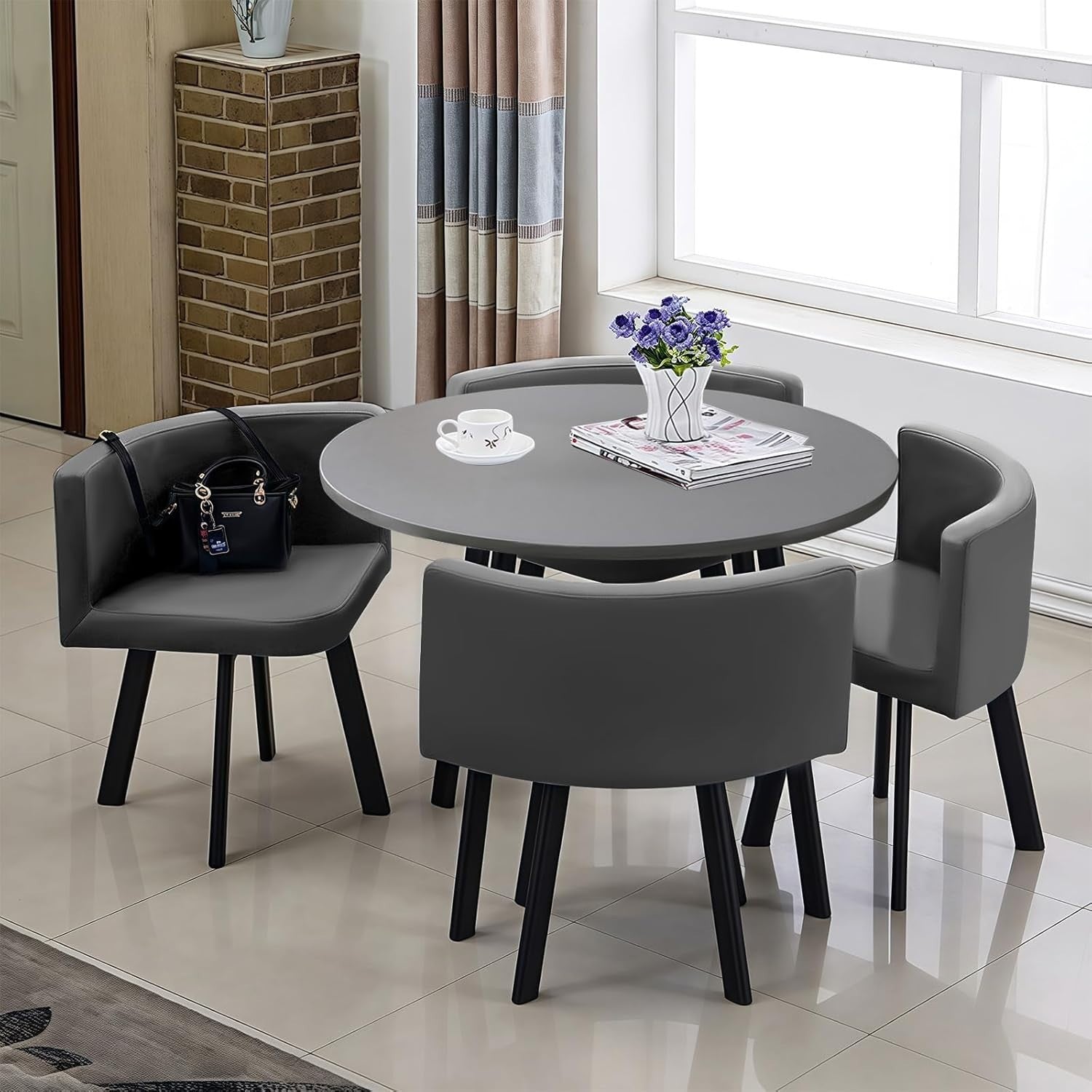 Modern 5-Piece Round Dining Table Set with 4 Faux Leather Chairs Grey