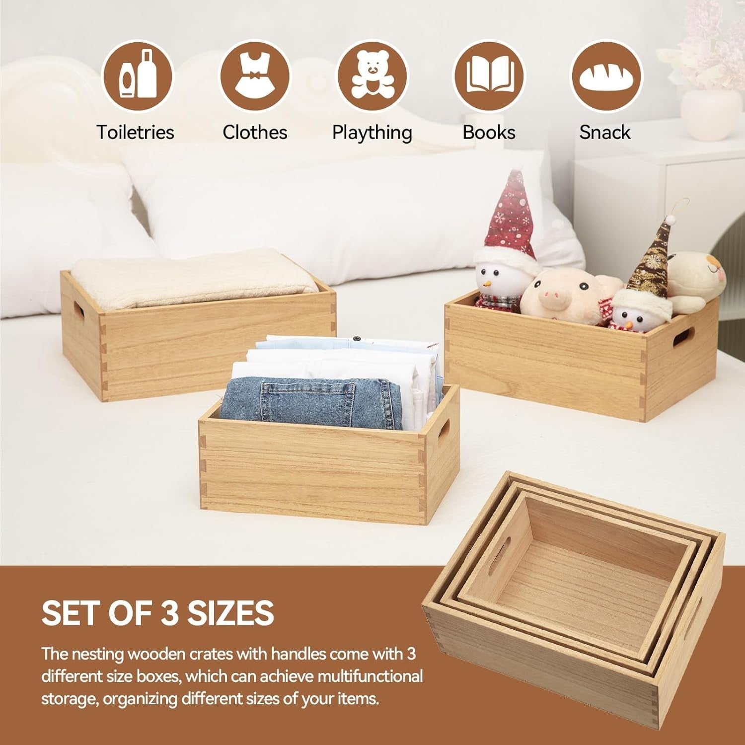Set of 3 Nesting Wooden Crates with Handles 42.3x32x18.5cm Natural Organizer