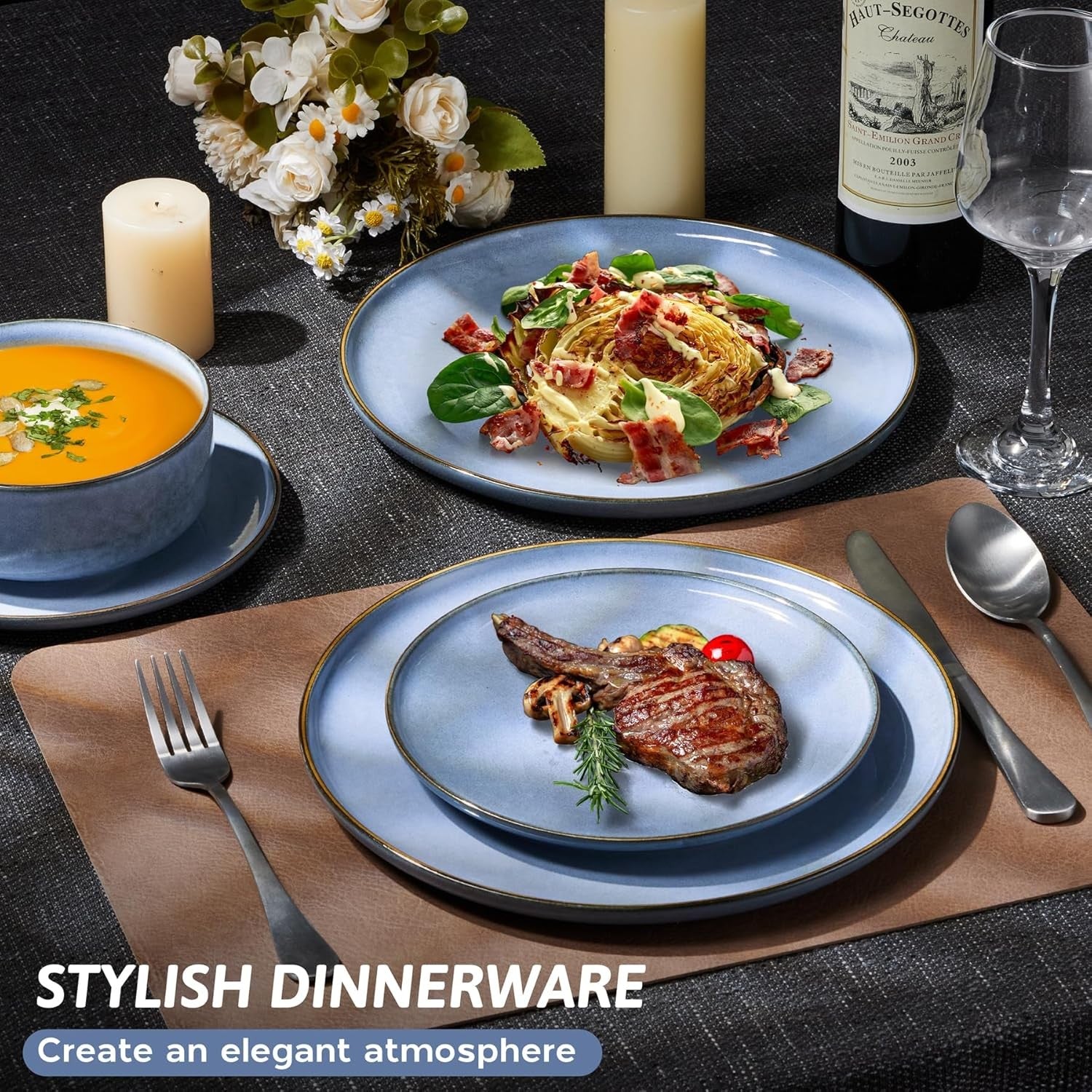 12pc Stoneware Dinner Set for 4 Blue Plates Bowls Microwave Safe