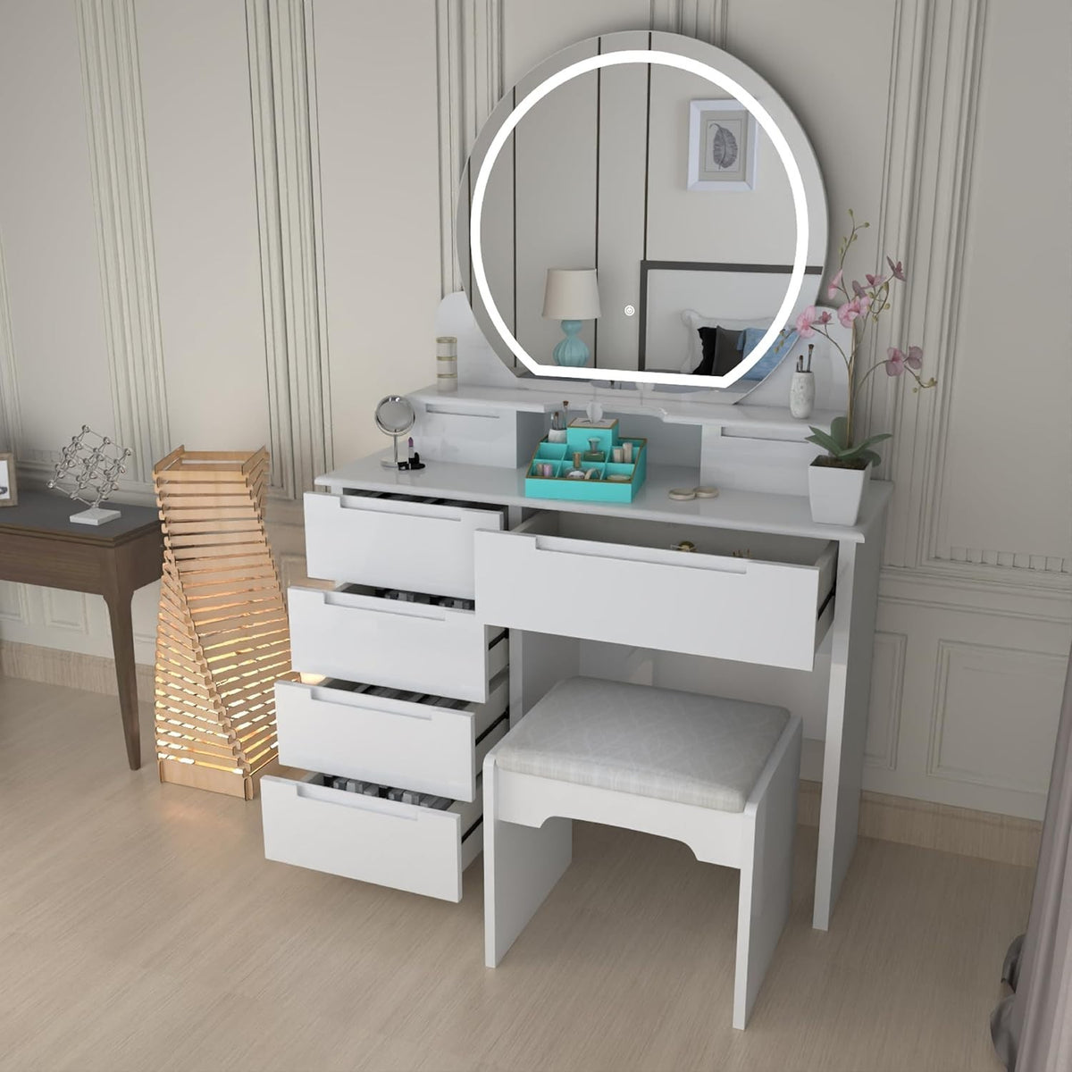 White Dressing Table Makeup Vanity Desk w/ Mirror Modern 5 Drawer High Gloss