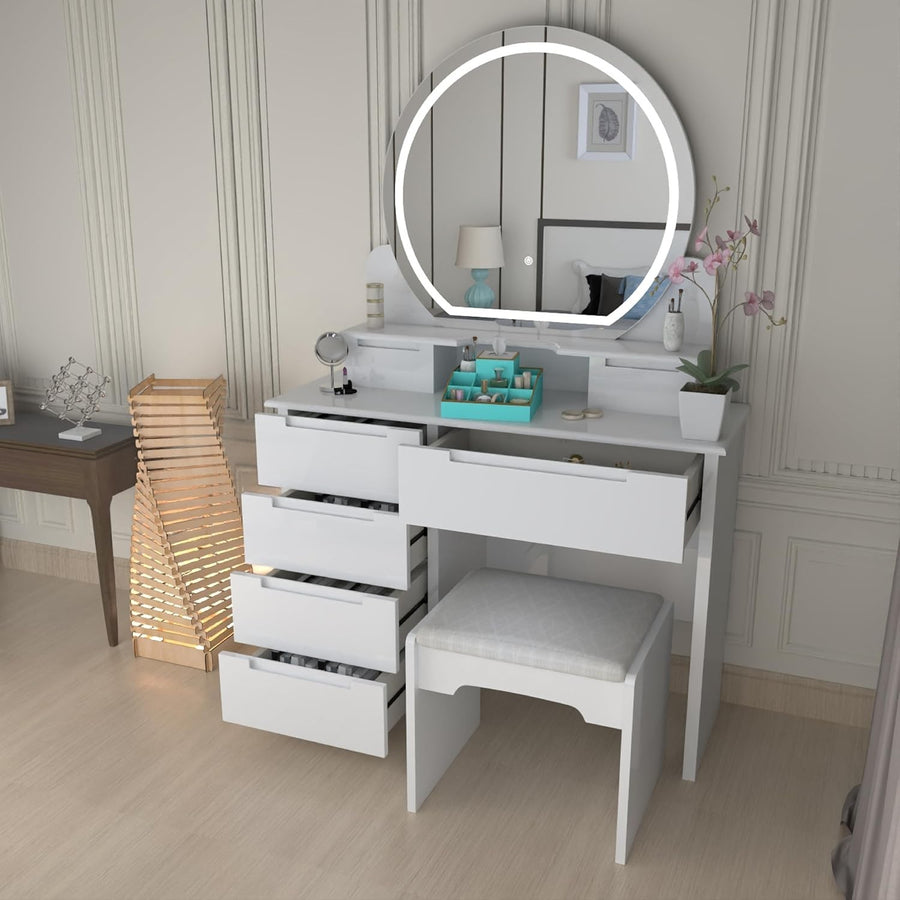 White Dressing Table Makeup Vanity Desk w/ Mirror Modern 5 Drawer High Gloss