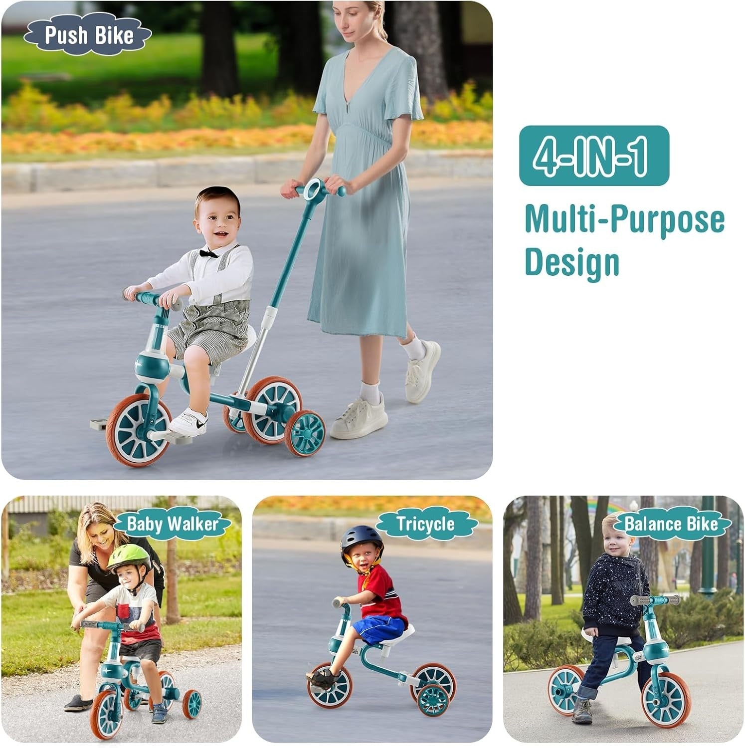 4 in 1 Kids Trike Balance Bike Push Tricycle Adjustable Handle Green
