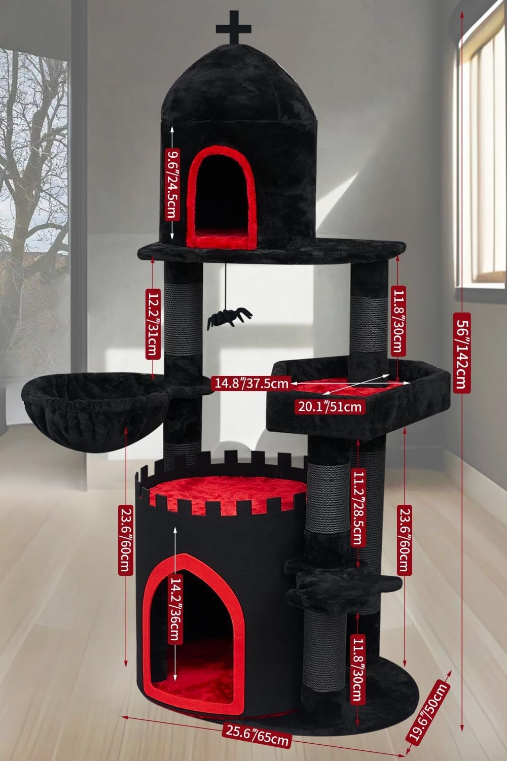 Gothic Cat Tree Castle 56in Black Cat Tower Condo Coffin Bed Scratching