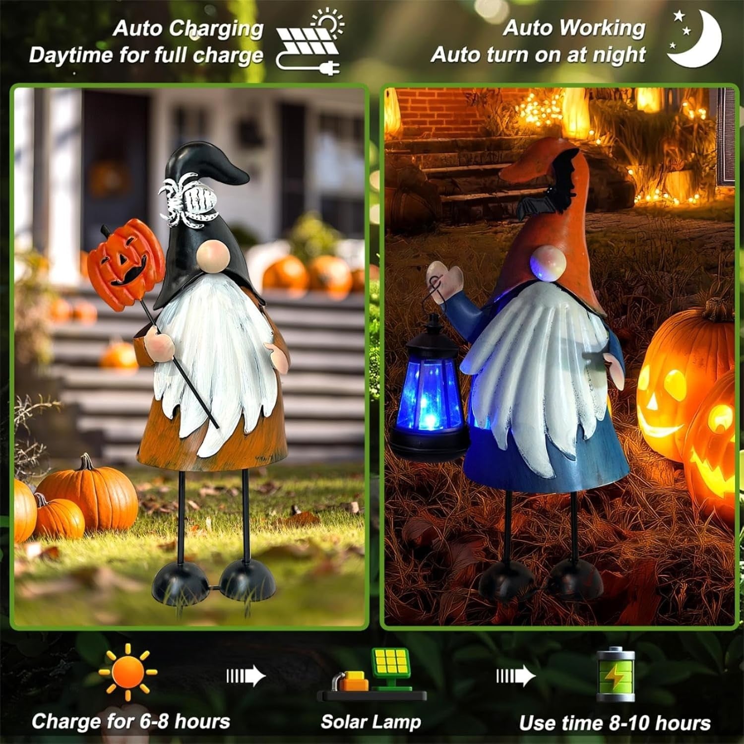 Halloween Metal Gnome Yard Art Statue Outdoor Decor | LED Lantern | 46cm