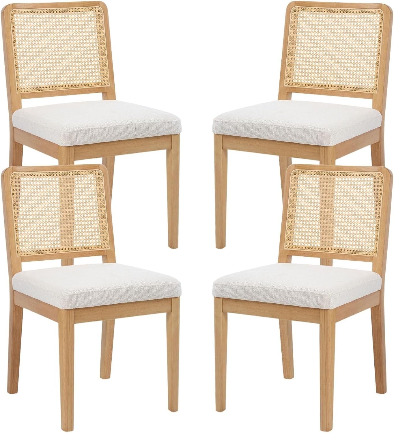 White Rattan Dining Chairs Set of 4 Upholstered Solid Wood Mid Century Style