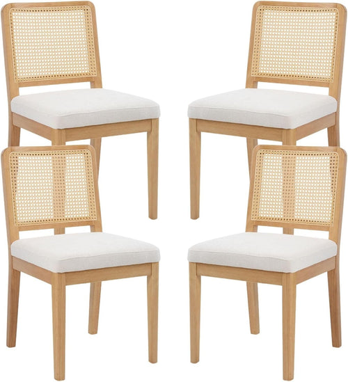 White Rattan Dining Chairs Set of 4 Upholstered Solid Wood Mid Century Style