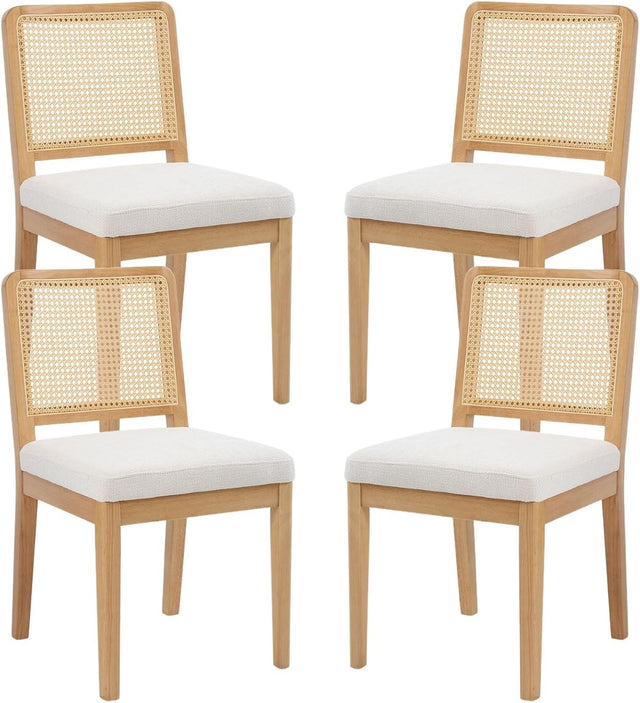 White Rattan Dining Chairs Set of 4 Upholstered Solid Wood Mid Century Style
