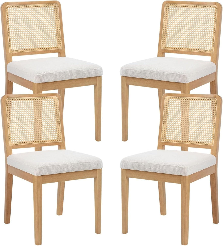 White Rattan Dining Chairs Set of 4 Upholstered Solid Wood Mid Century Style