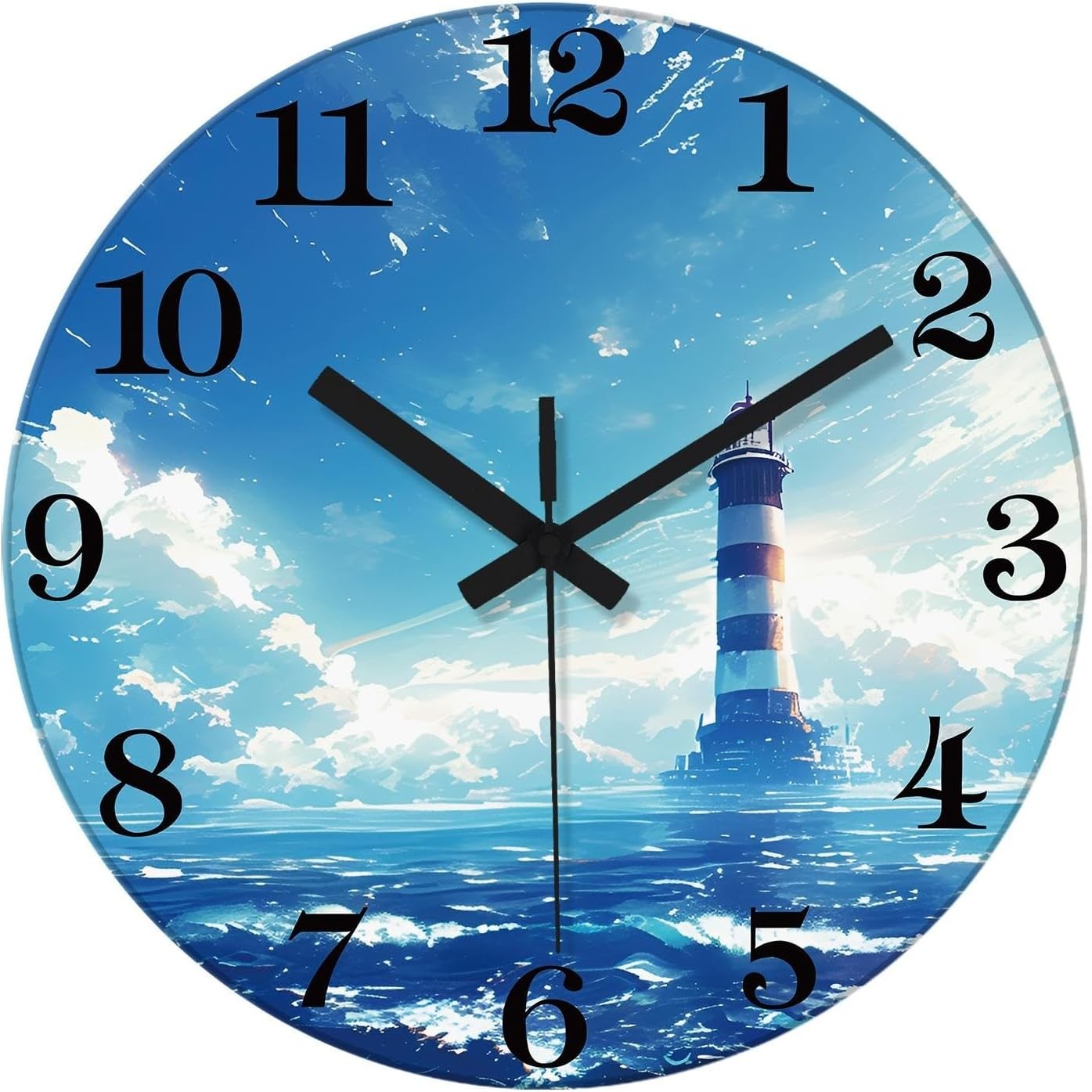 14" Blue Lighthouse Wall Clock Silent Non-Ticking Glass Nautical Home Decor