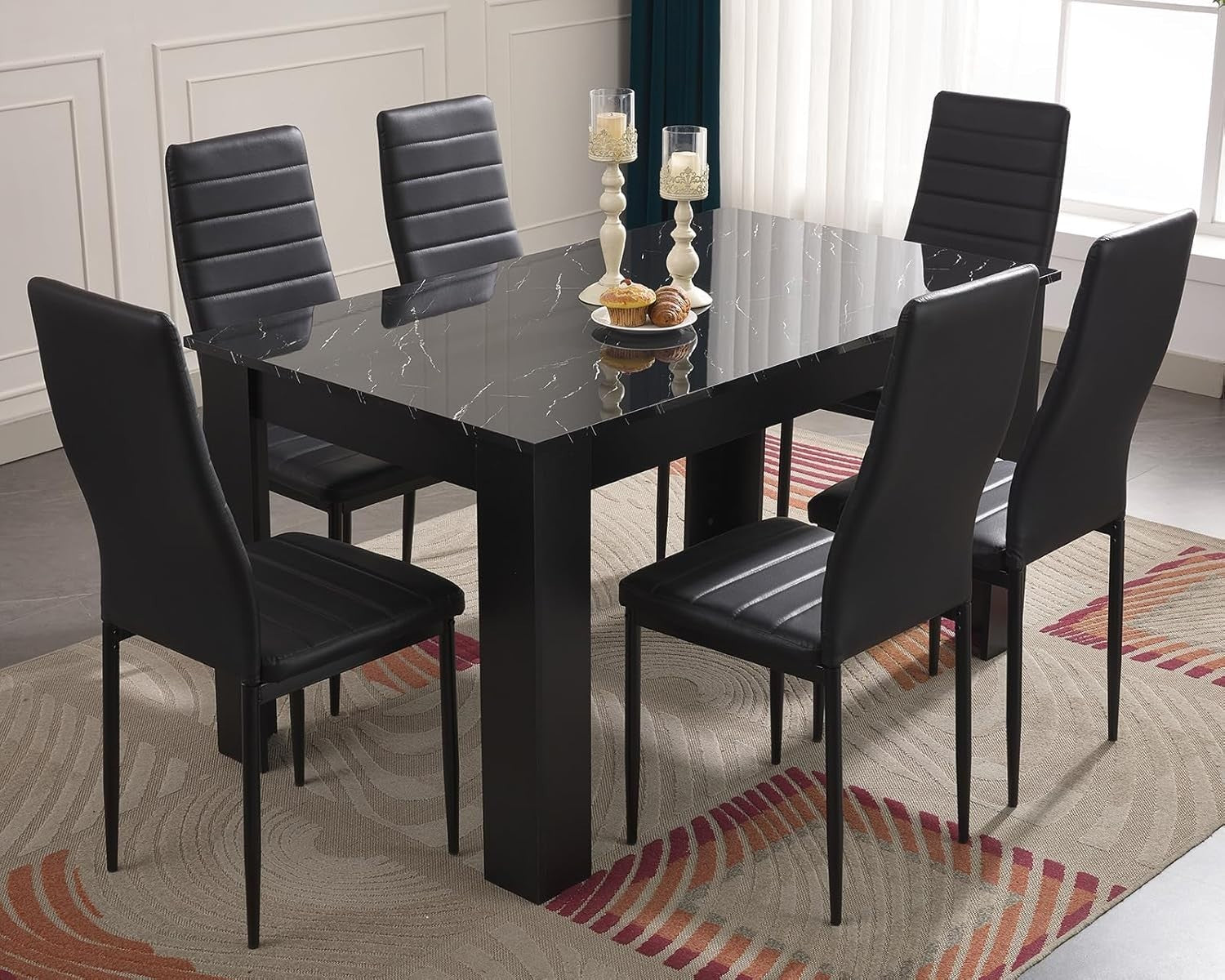 Modern Black Marble Dining Table Set with 6 PU Leather Chairs, 140x80x75cm