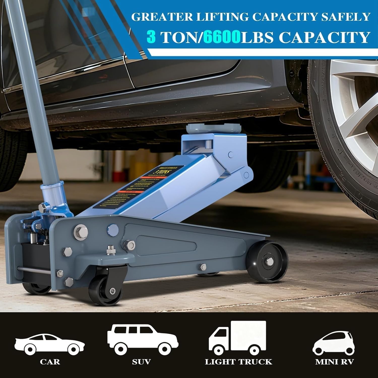 3 Ton Hydraulic Floor Jack 13.5–46cm Heavy Duty Fast Lift Carbon Steel Blue
