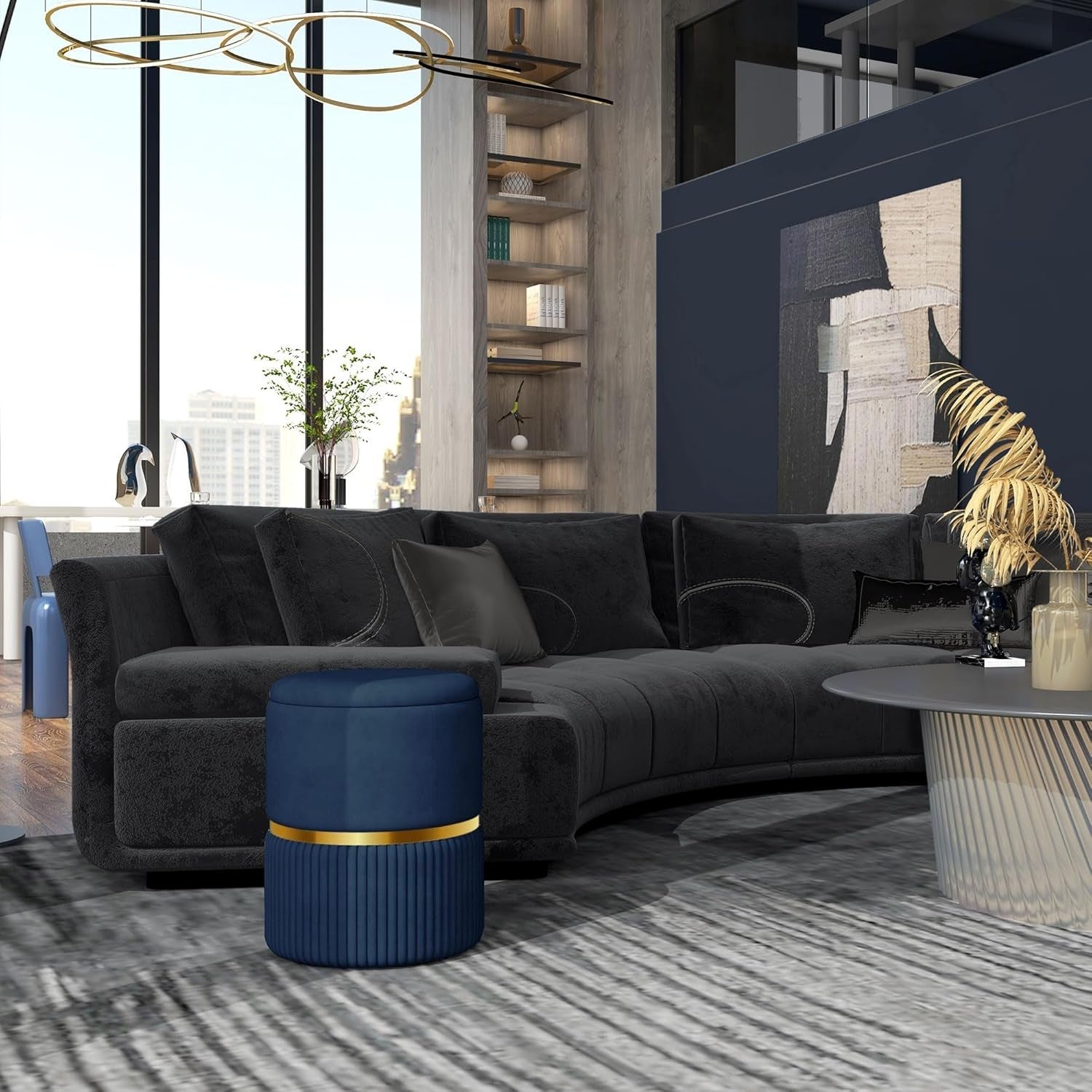 Dark Blue Velvet Round Storage Stool – Padded Ottoman with Hidden Space