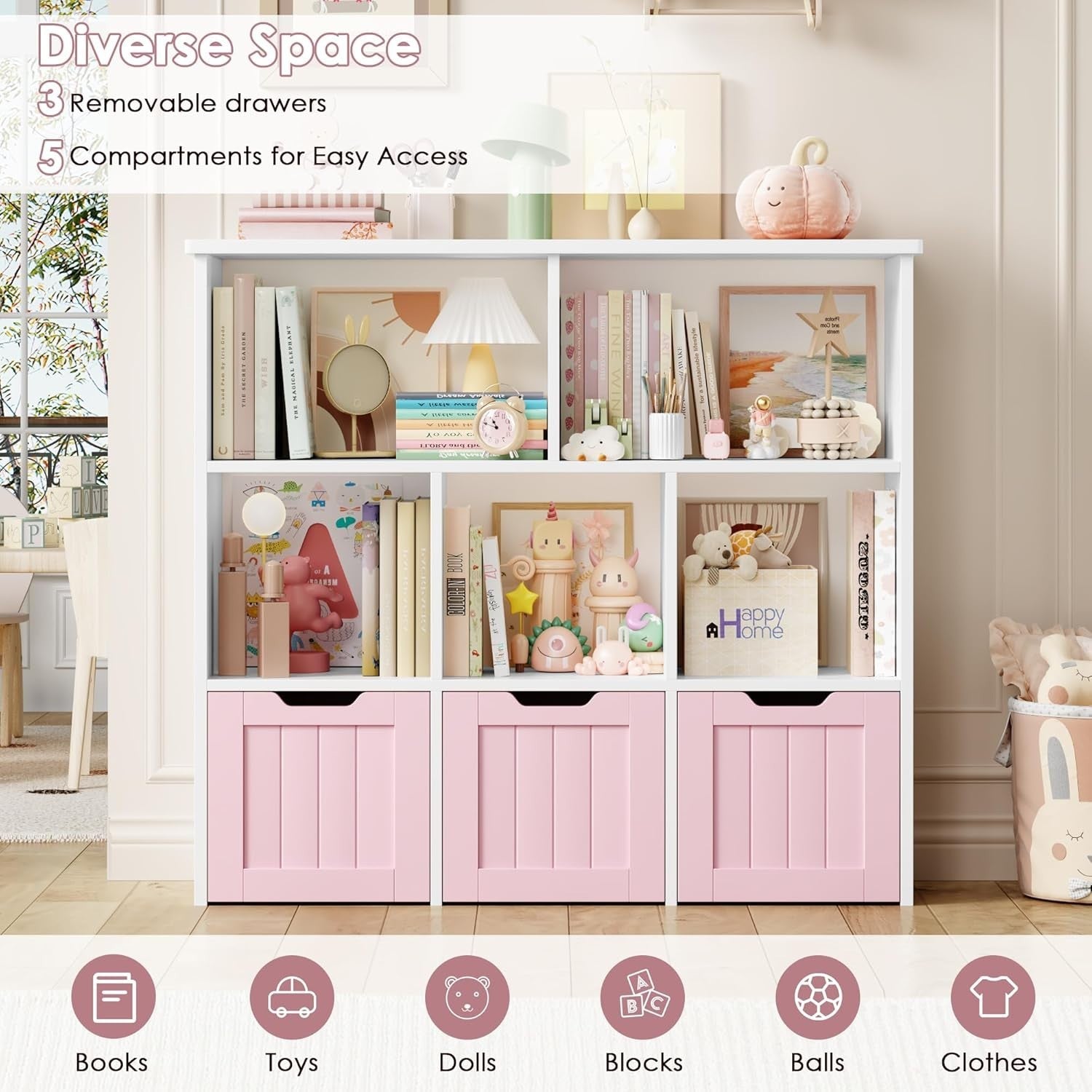 Kids Toy Storage Cabinet with Shelves & Drawers Nursery Playroom Organizer Pink