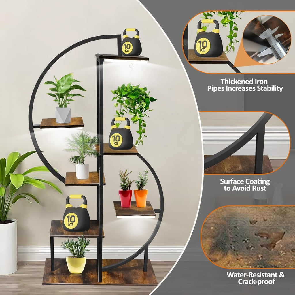 7 Tier Metal Plant Stand S Shape Tall Indoor Outdoor Flower Shelf with Lights