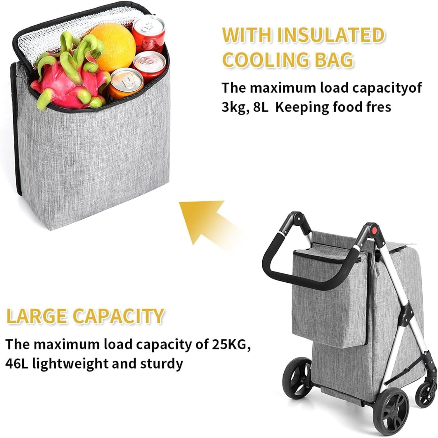 4 Wheel Grocery Shopping Trolley 46L | Foldable Aluminium Cart | Insulated Bag