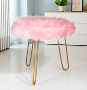 Pink Faux Fur Vanity Stool Round Gold Hairpin Legs Modern Accent Seat