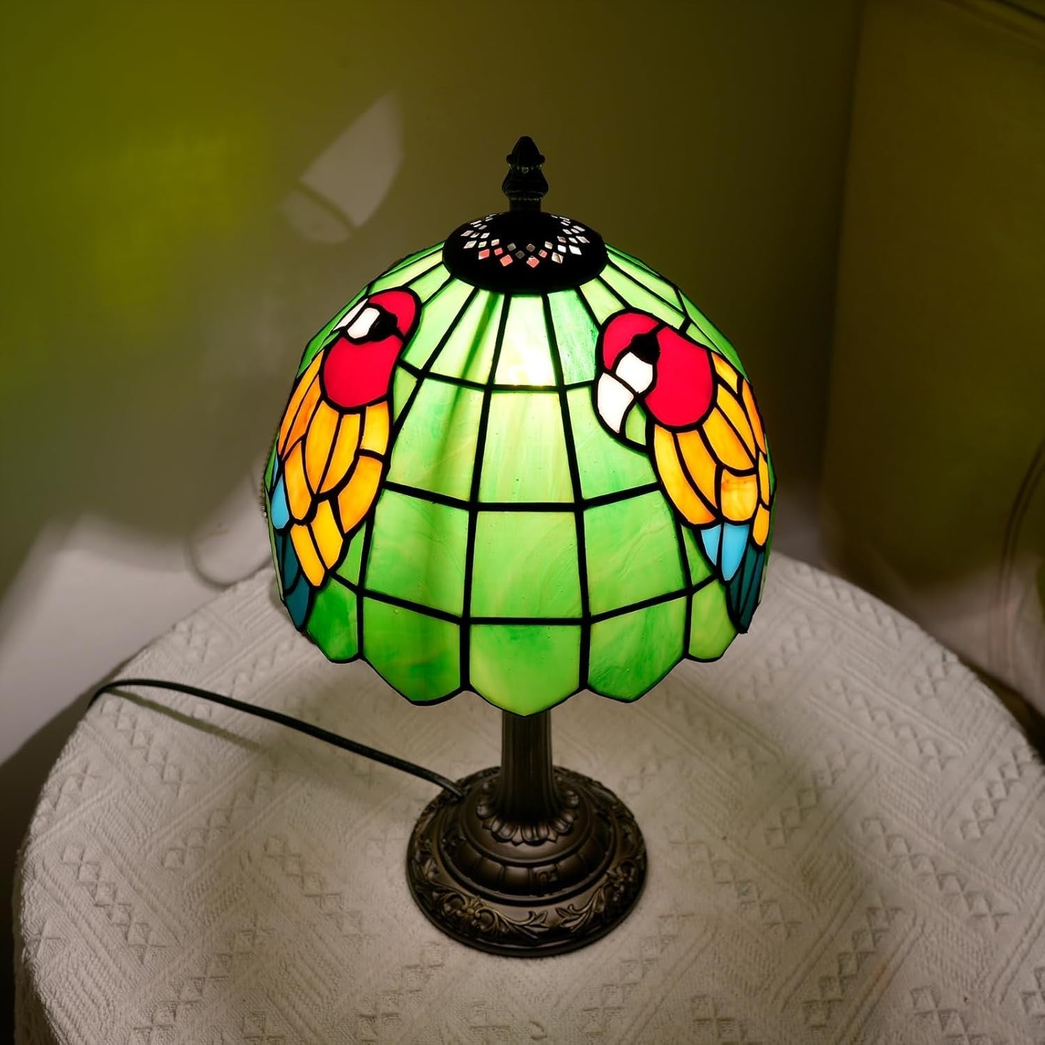 Tiffany Style Parrot Table Lamp Green Glass Bedside Desk Light Retro