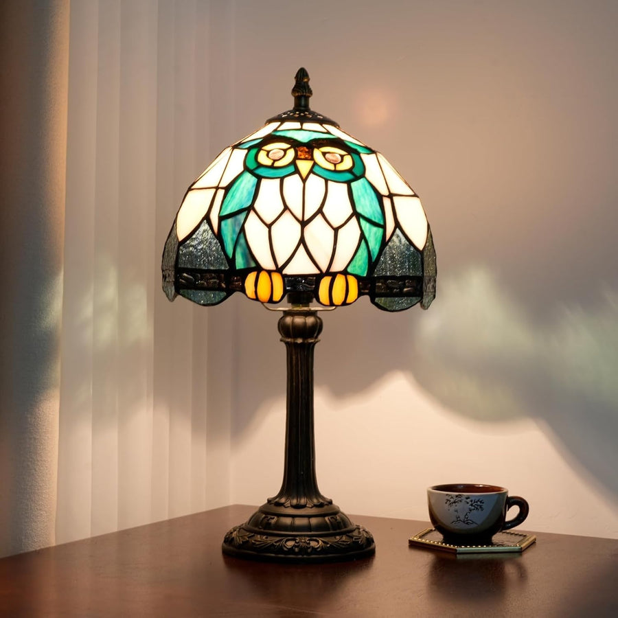 Tiffany Owl Stained Glass Table Lamp Bedside Night Light Vintage Decor