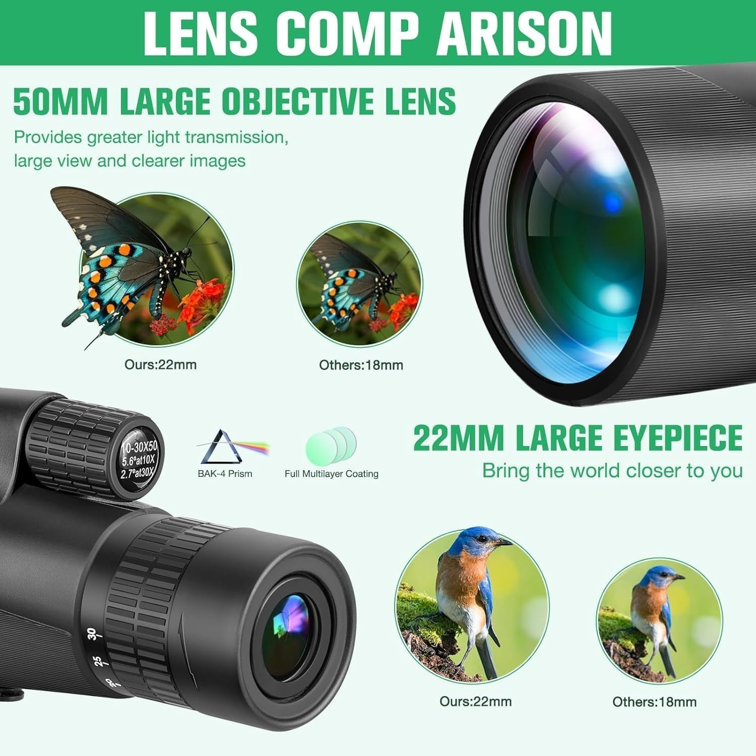 10-30x50 High Power Zoom Monocular BAK4 Prism HD with Tripod & Phone Adapter