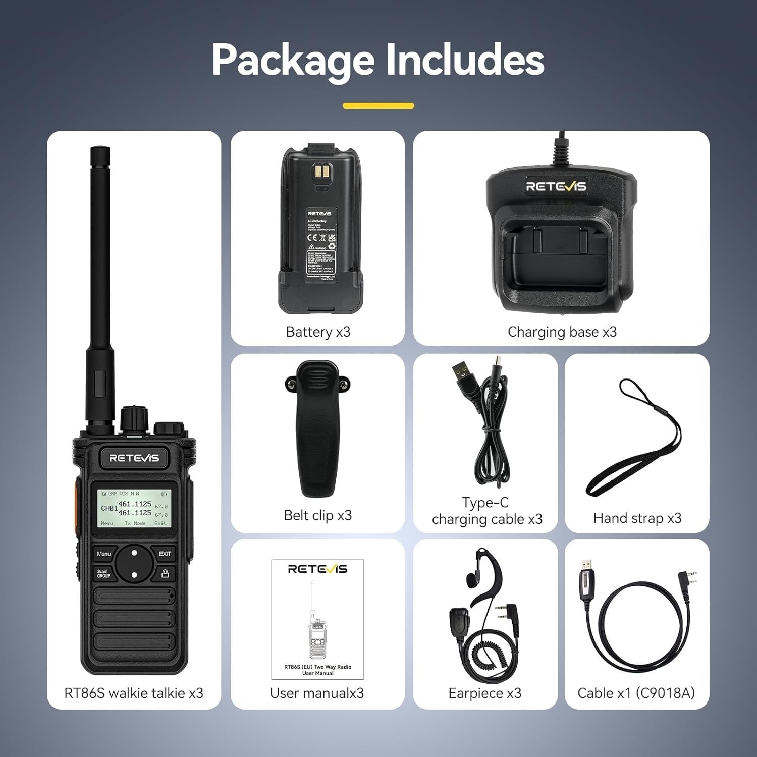 Long Range Walkie Talkies 3 Pack 2600mAh USB-C LCD Group Call Earpiece
