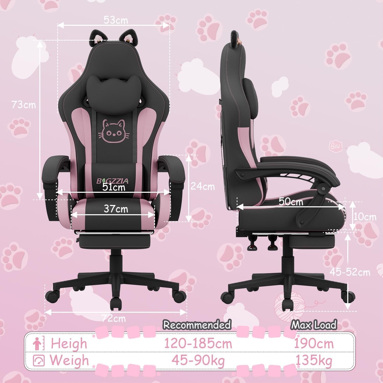 Cute Gaming Chair Cat Ears Massage Footrest Pink Black