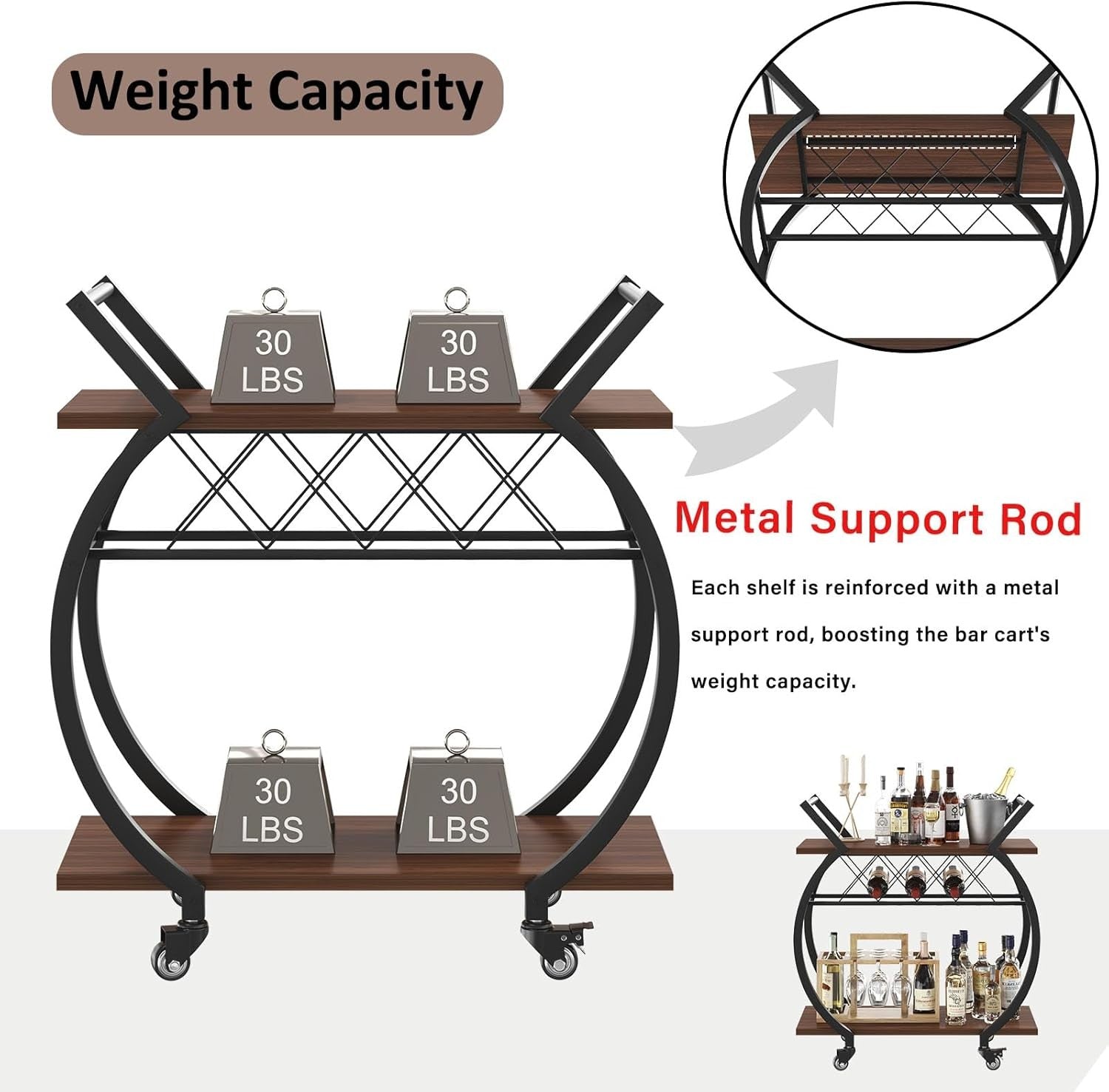 Luxury Gold Bar Cart Drinks Trolley on Wheels Wine Rack Coffee Serving Cart