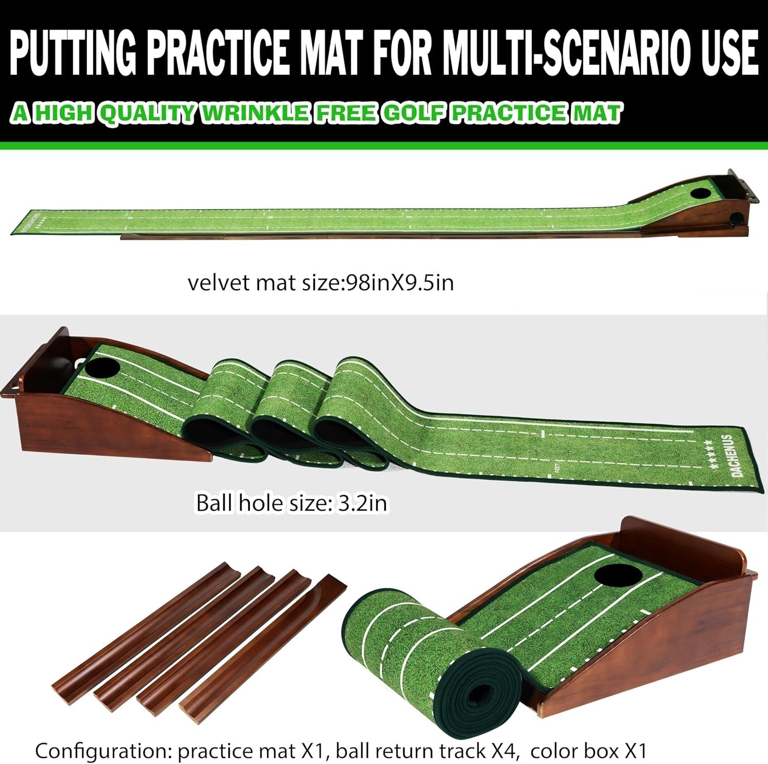 Golf Putting Mat Indoor Practice Green Wooden Base Home Office Trainer