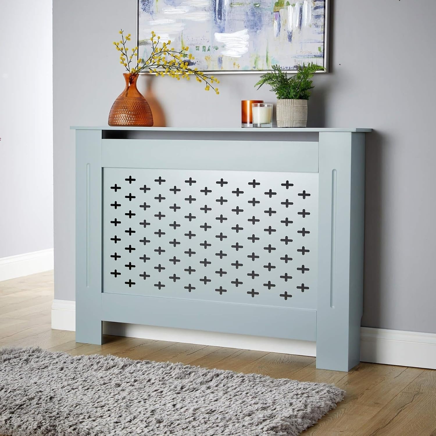 Grey Radiator Cover Medium 112cm Wooden Cabinet with Decorative Grill & Shelf
