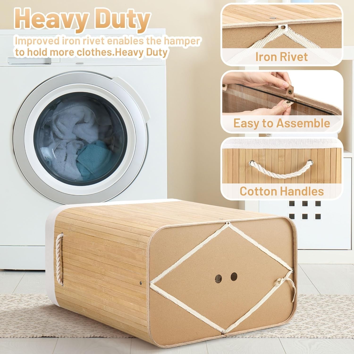 150L Bamboo Laundry Hamper with Lid 3-Section Foldable Clothes Basket Beige