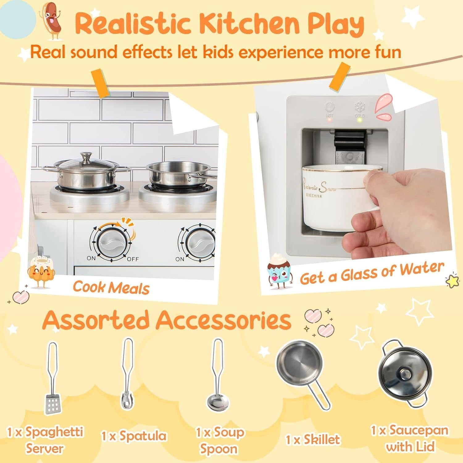 Corner Kids Play Kitchen w/ Fridge Microwave Sink Water Dispenser