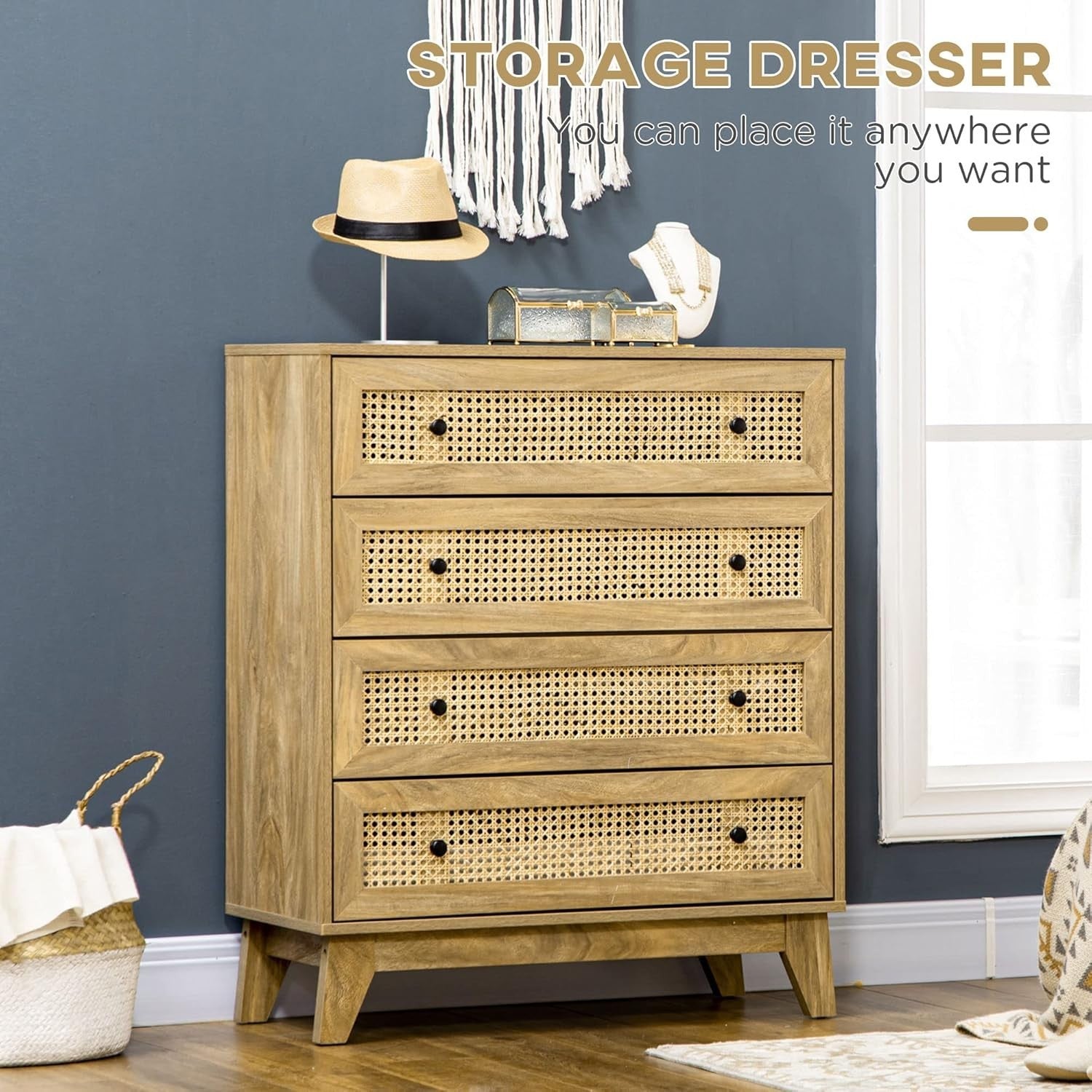 Rustic 4-Drawer Storage Chest with Rattan Panels Bedroom Organizer Unit