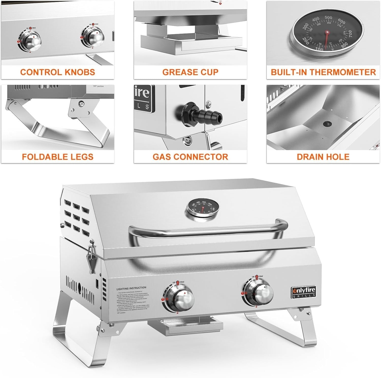 Portable 2 Burner Gas BBQ Grill Tabletop Stainless Steel Outdoor Camping Cooker