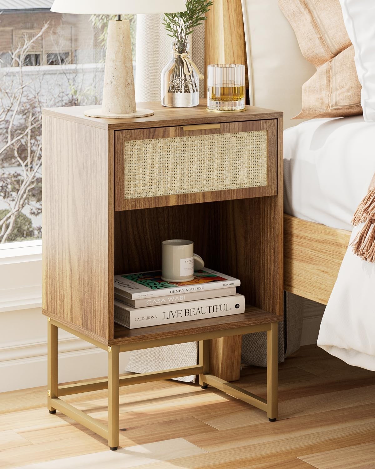 Modern Rattan Bedside Table with Drawer & Shelf – Walnut Wood Nightstand