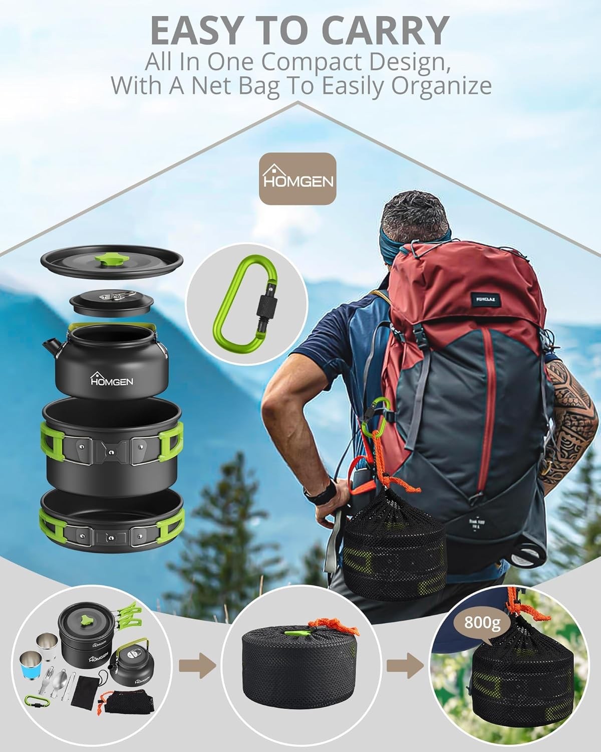 Green Camping Cookware Set with Pot Frying Pan, Kettle & Utensils for 2–3 People