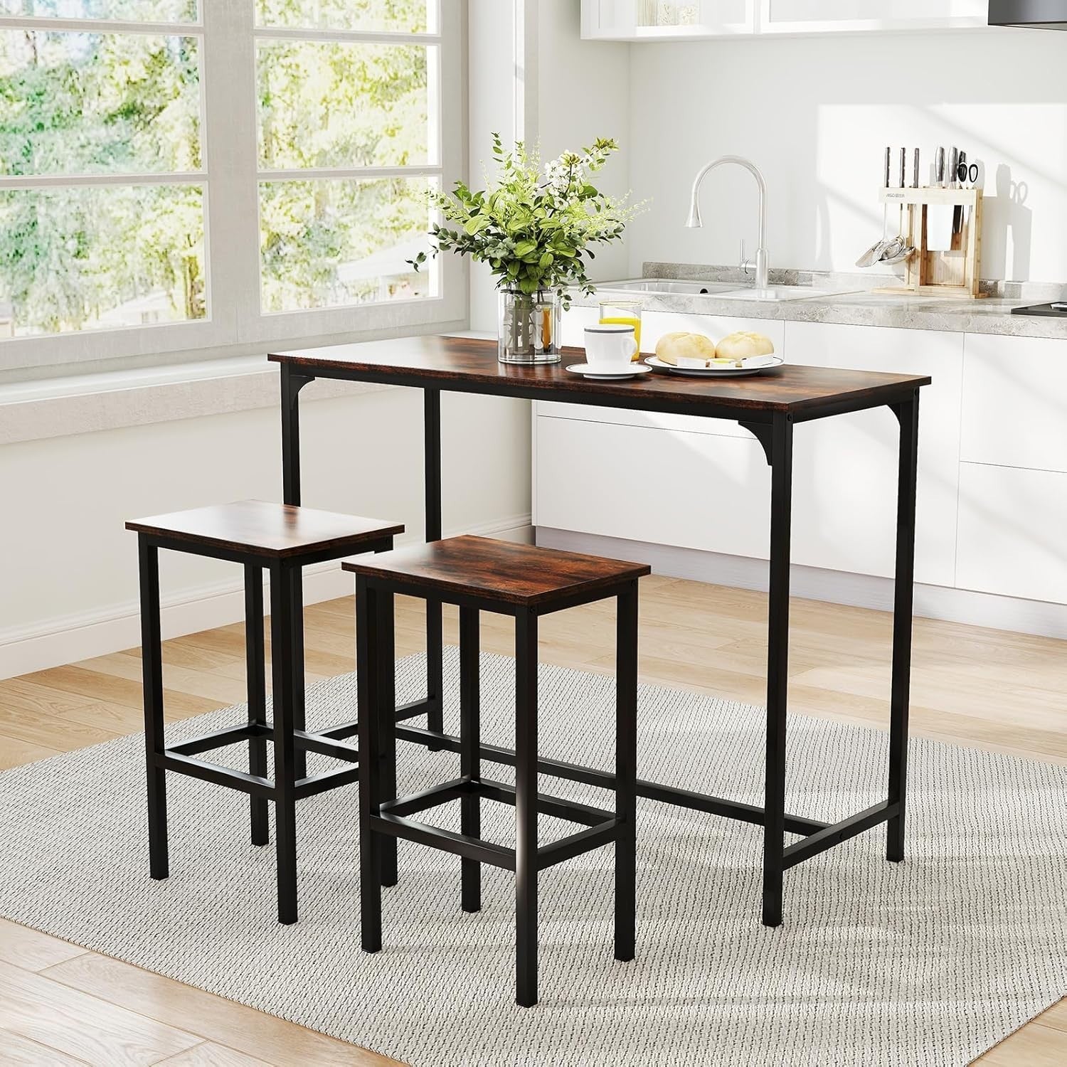 3 Piece Bar Table Set 2 Stools Space Saving Counter Height Dining Coffee Black