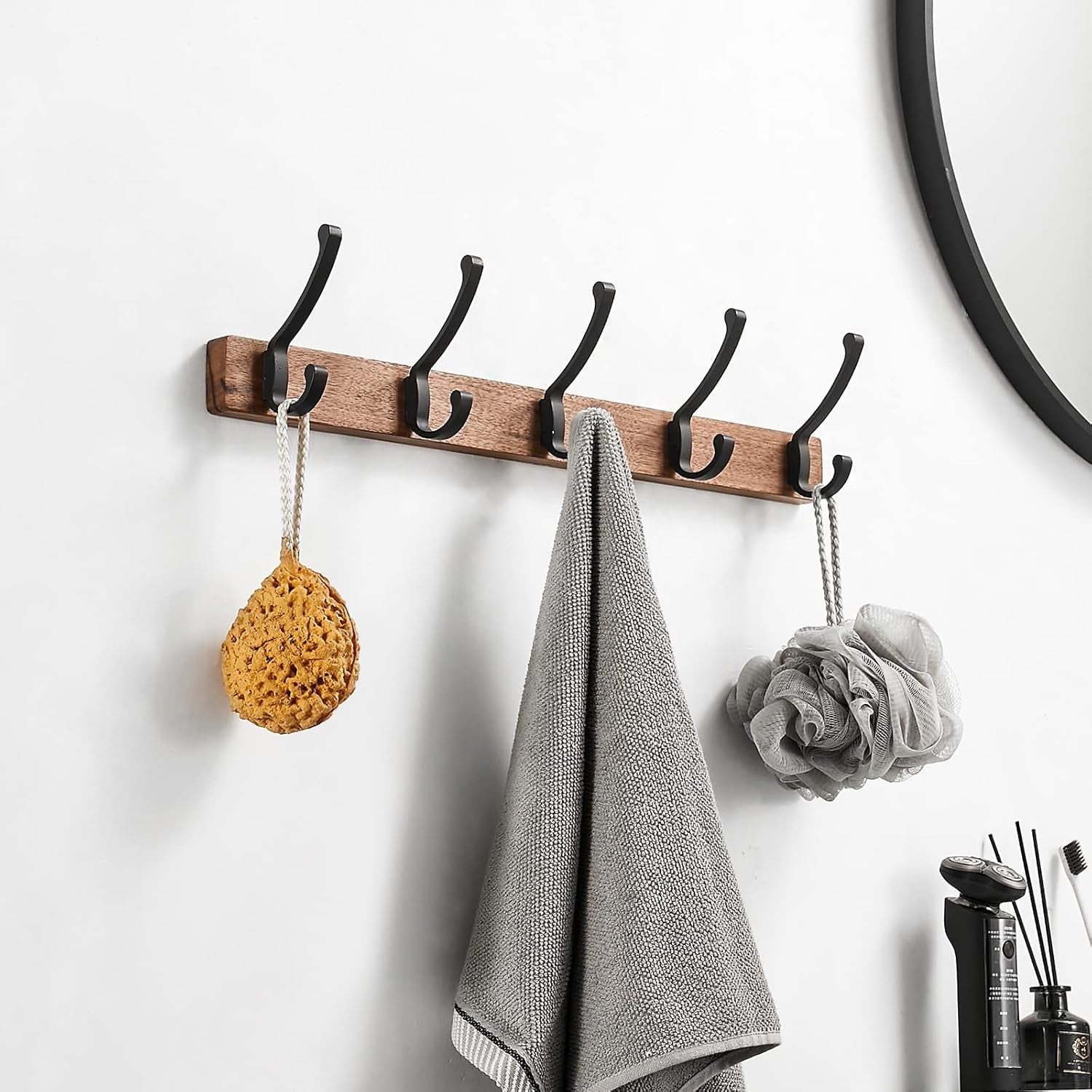 Walnut Wall Coat Rack 5 Black Hooks | Modern Wooden Hanger Rail for Hallway