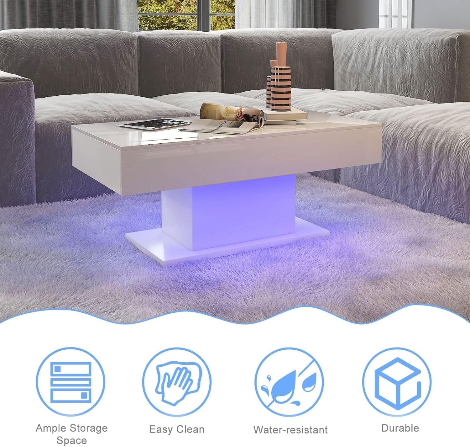 Modern White LED Coffee Table, High Gloss Rectangular 110x55cm