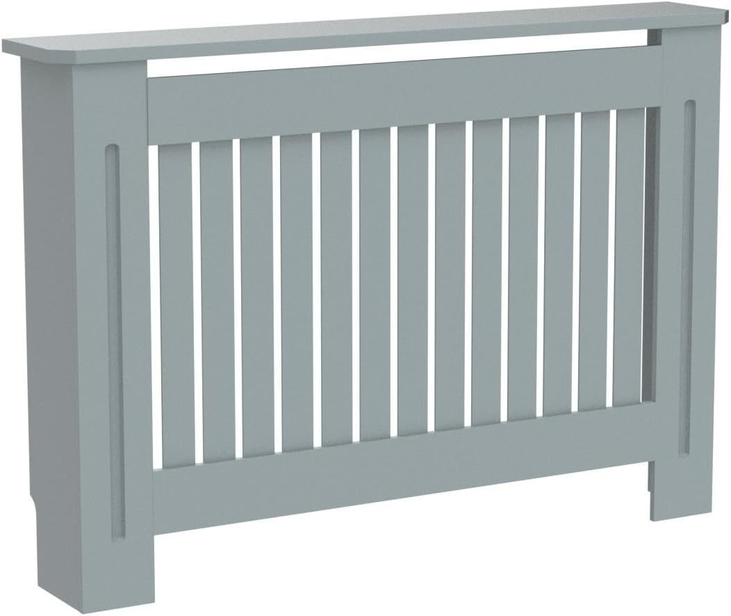 Large Grey Radiator Cover Cabinet | Vertical Slat MDF Heater Cover with Shelf