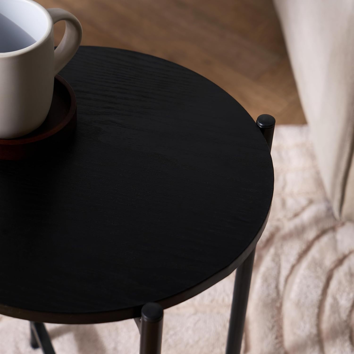 Round Black Marble Look Side Table Small Coffee End Table with Metal Frame