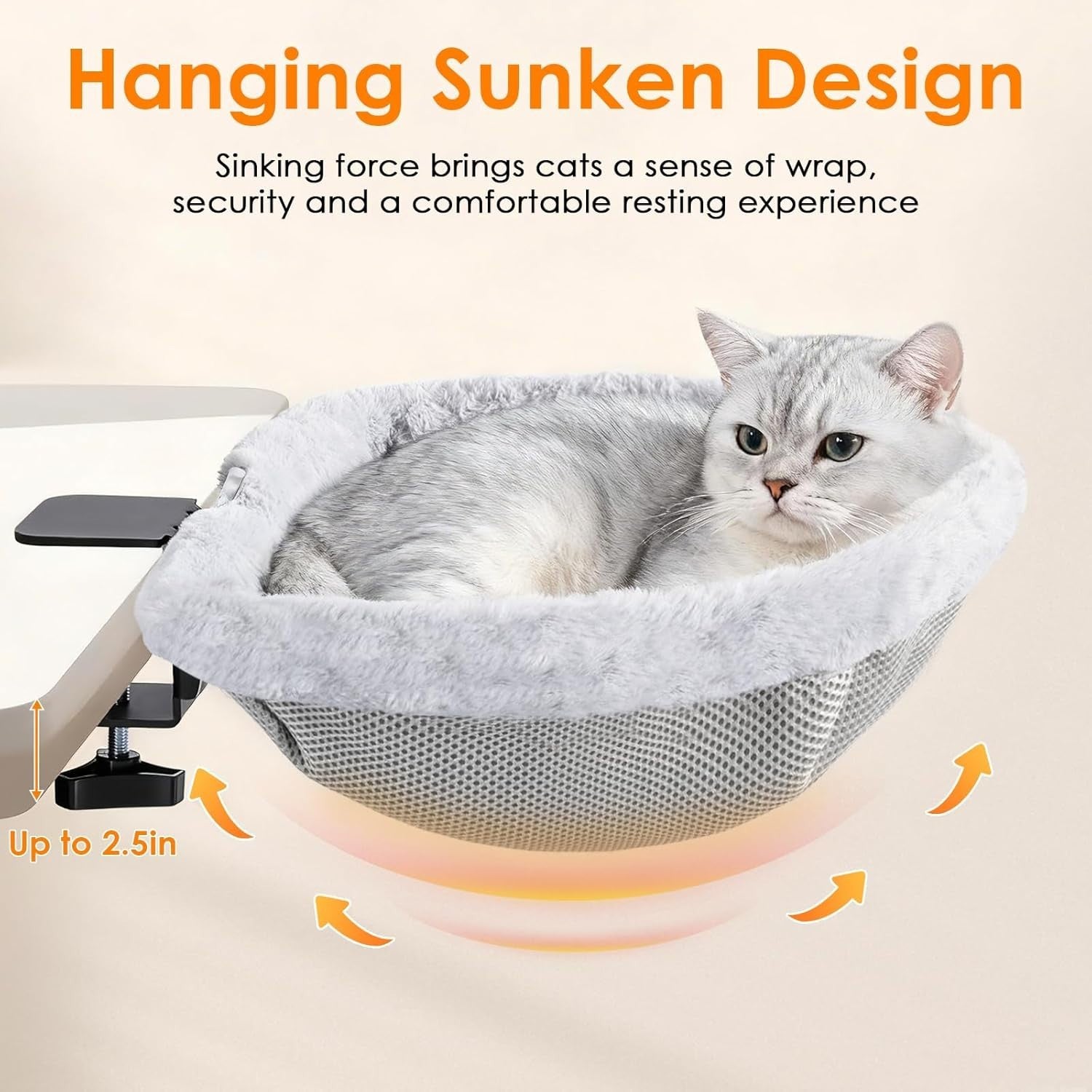 Adjustable Cat Desk Bed Faux Fur Clamp On Kitty Hammock Light Gray