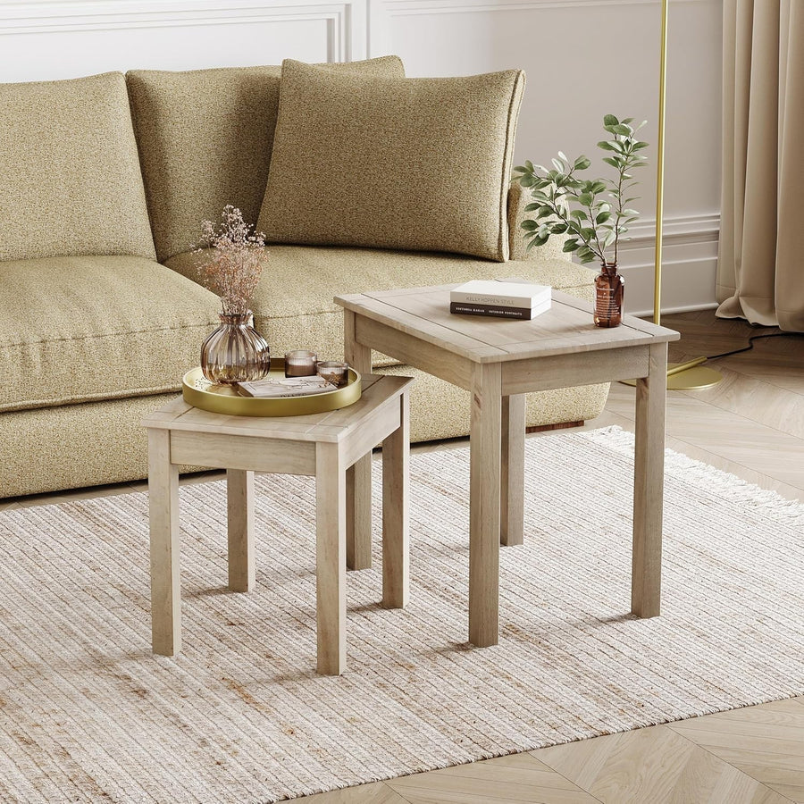 Modern Nesting Coffee Side Tables Pine Wood Living Room Furniture Beige New