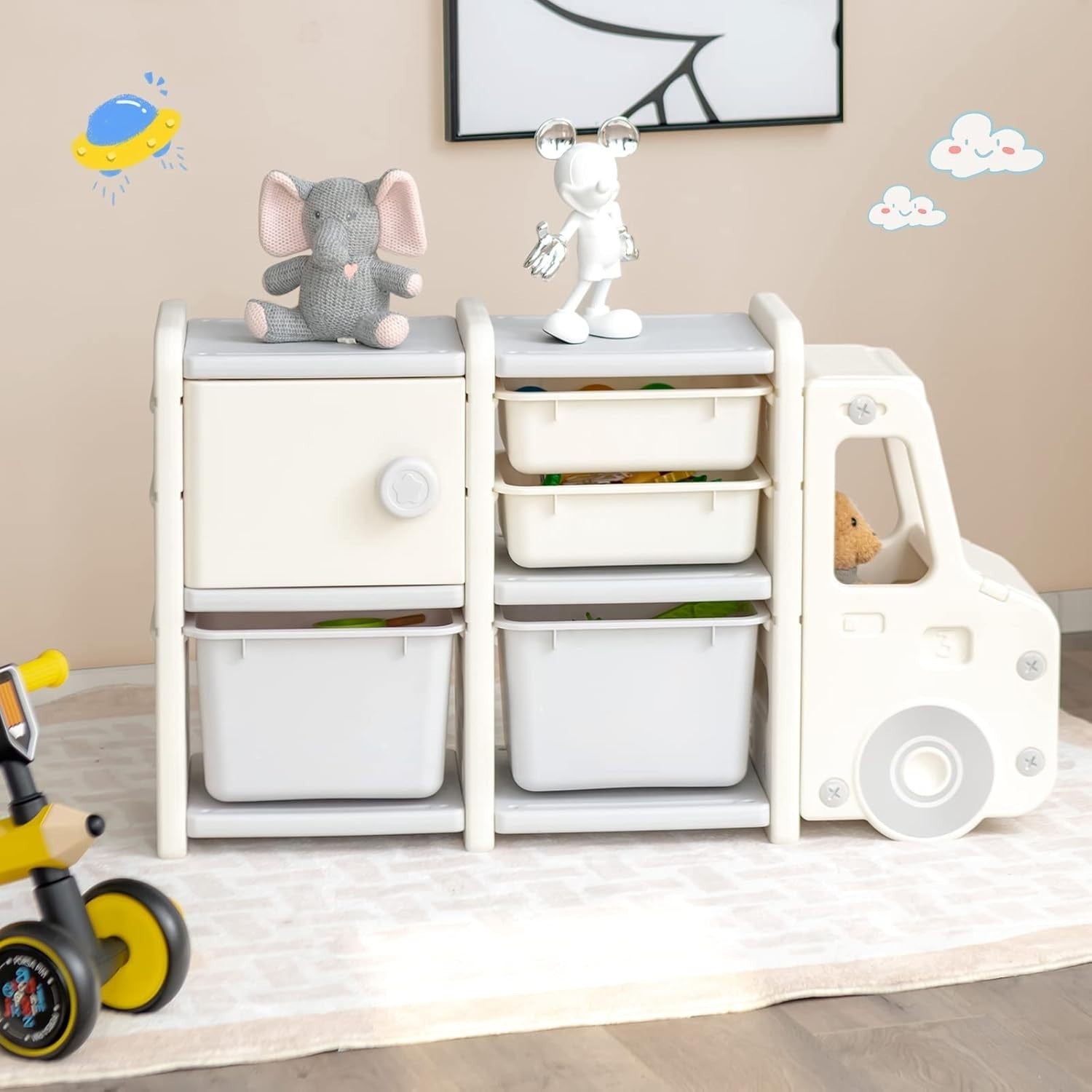 Kids Toy Storage Unit with Bins Drawers Cabinet Car Shape Shelf 112x35x66cm