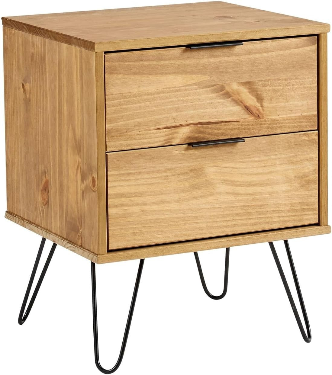 2 Drawer Pine Wood Bedside Table Nightstand Cabinet | Hairpin Legs