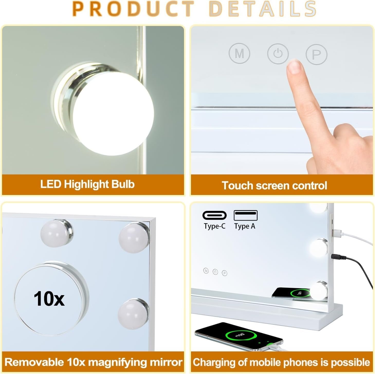 LED Vanity Mirror 50x42cm with Dimmable Touch Lights & 3 Color Modes