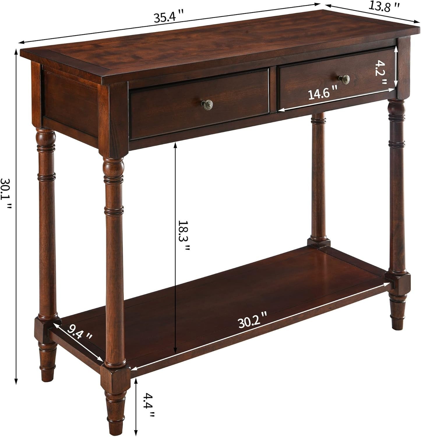 Solid Wood Console Table 90x35x77cm with 2 Drawers & Open Storage Shelf