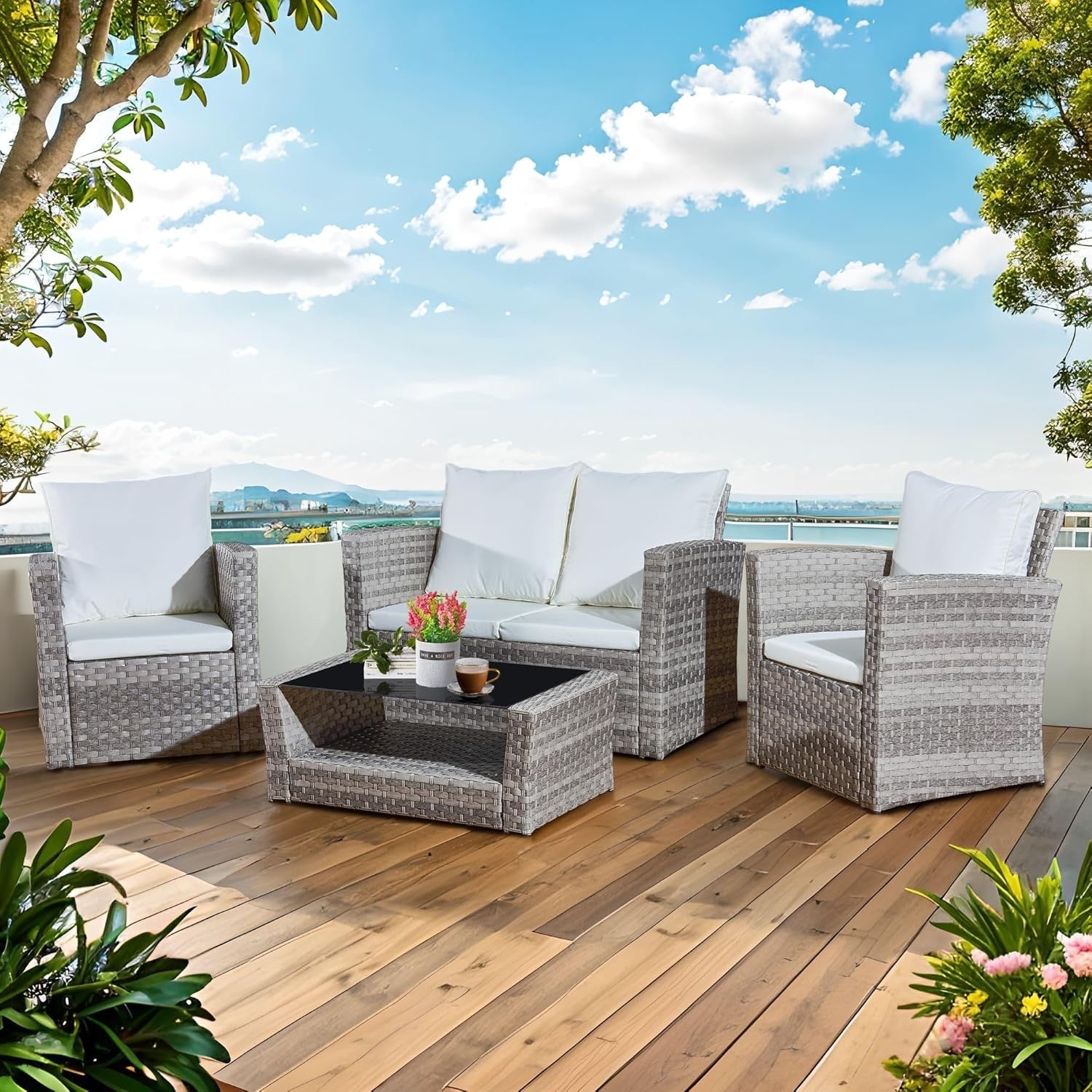 Rattan Garden Sofa Set 4pc Grey Chairs Glass Table Cushions Patio Use