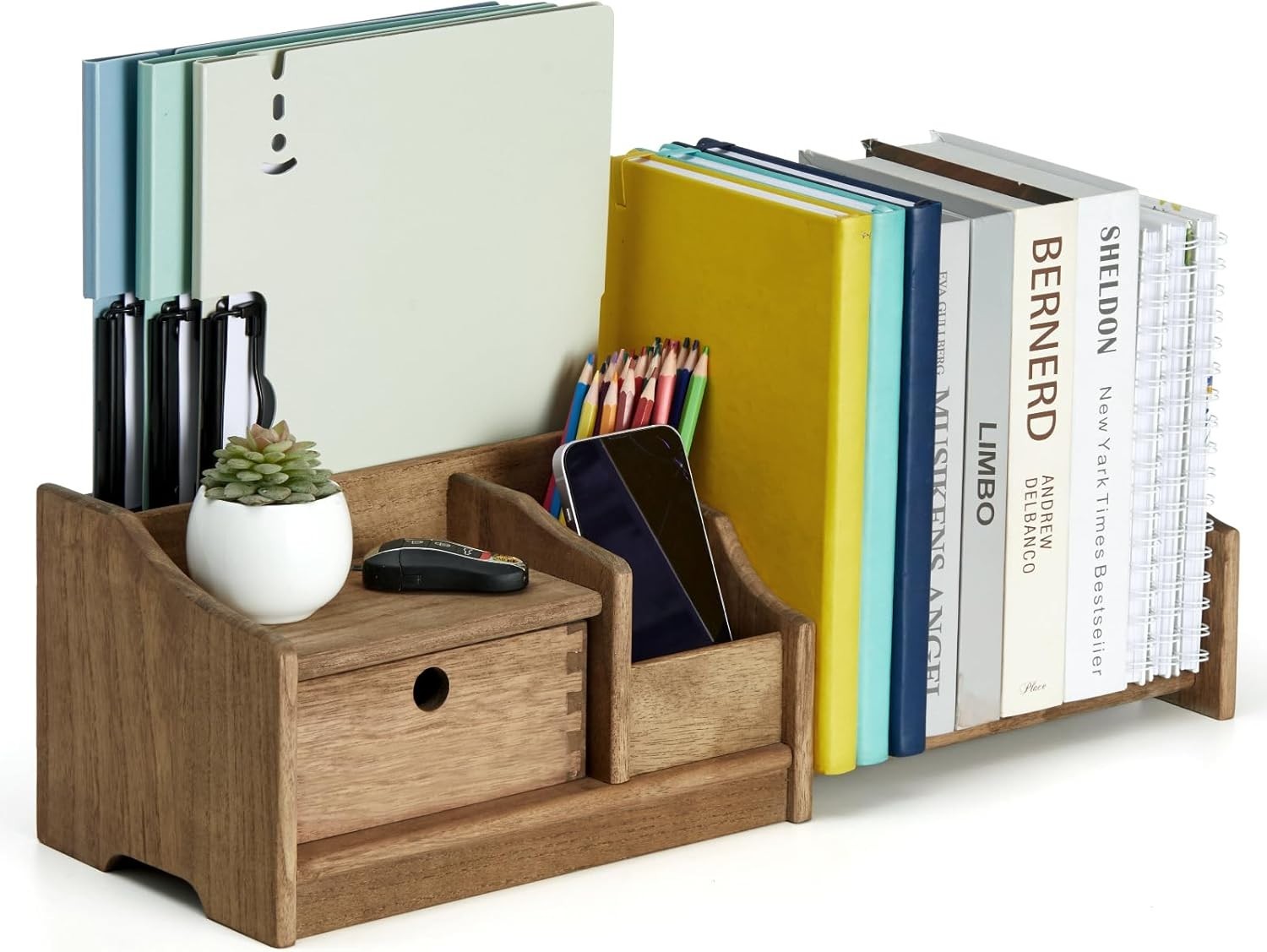 Wooden Desktop Organizer with Drawer Adjustable Shelf Solid Rack