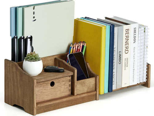 Wooden Desktop Organizer with Drawer Adjustable Shelf Solid Rack