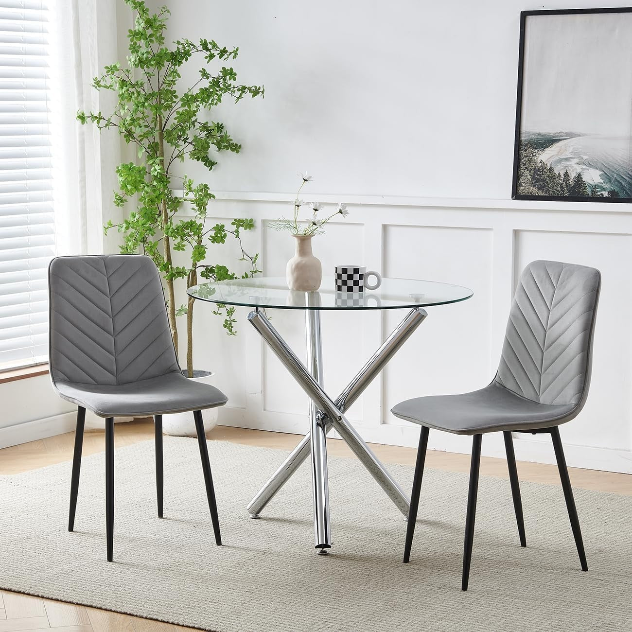 Compact Round Glass Dining Table with 2 Grey Velvet Chairs – Modern Set