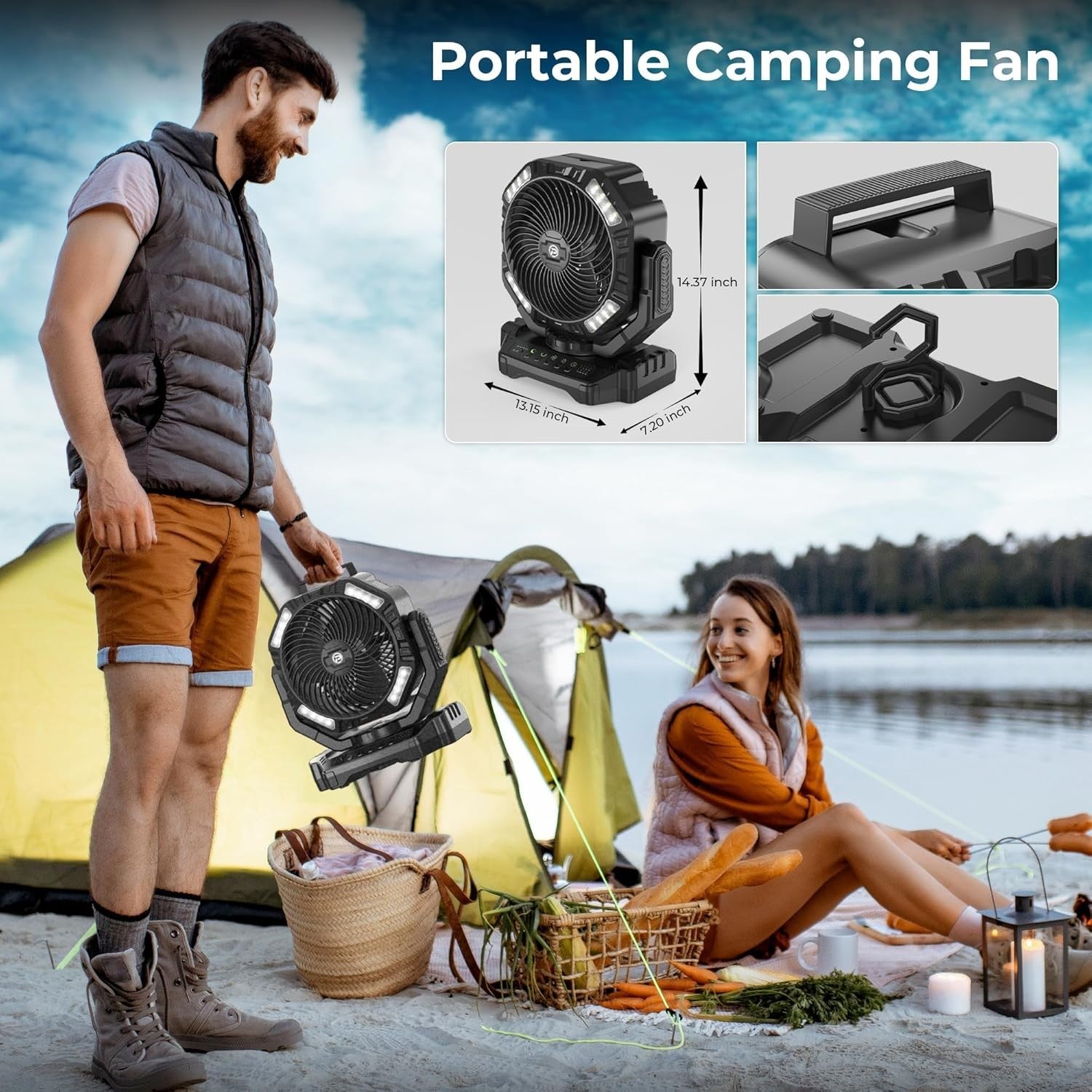 Portable Camping Fan – Long 40000mAh Rechargeable w LED Light Remote Timer Quiet